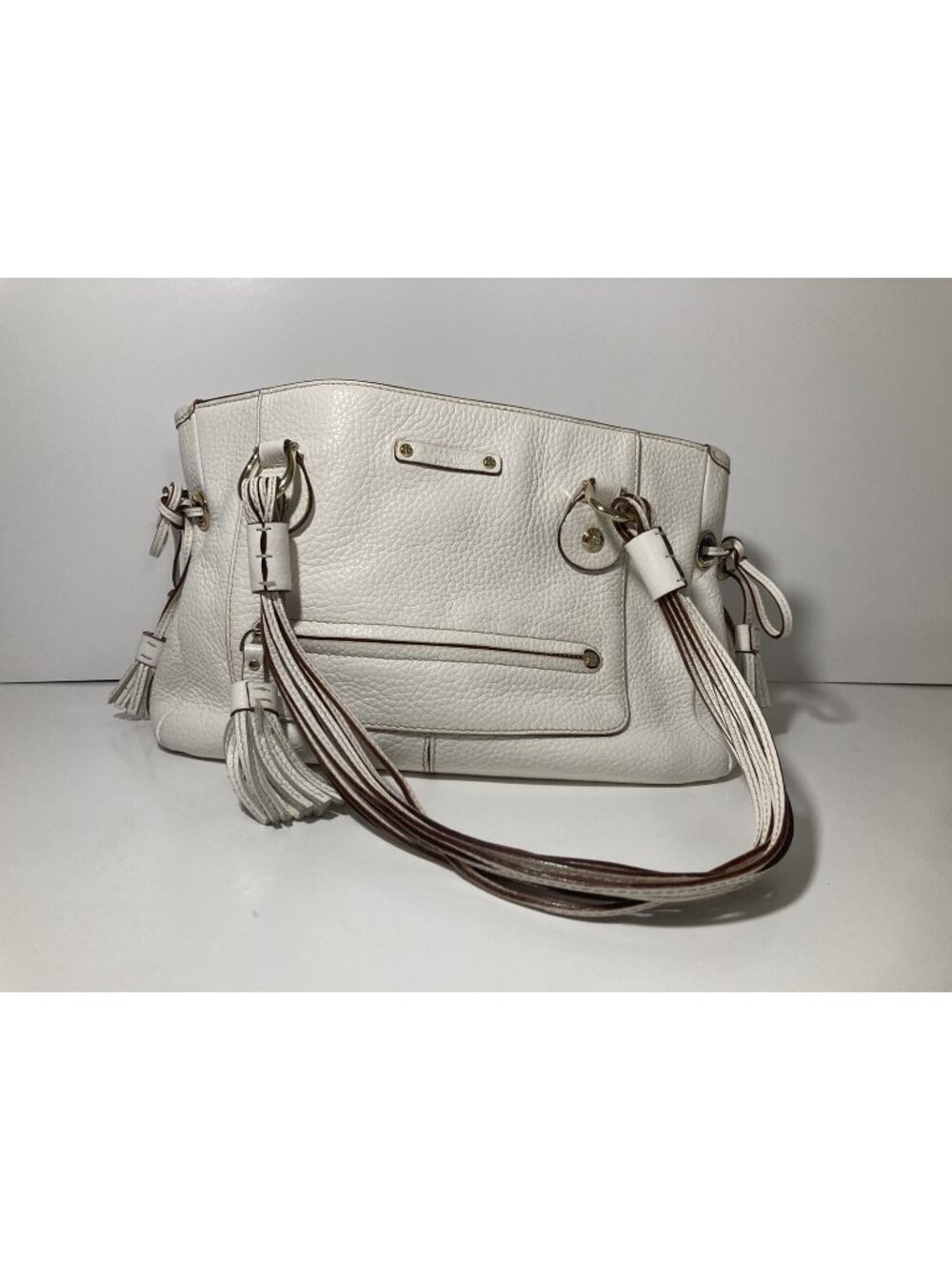 Kate Spade Purse White Pebbled Leather Hand Bag Multi Strand Handle Side Ties